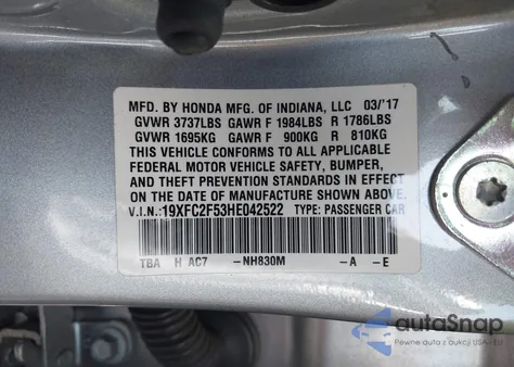 2017 Honda Civic Lx из США, поврежденный, VIN 19XFC2F53HE042522